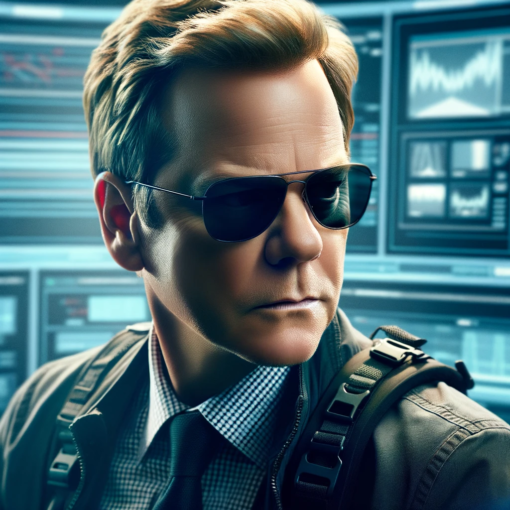 DALL·E 2023 11 02 13.04.24 Photo of a cool and audacious spy named John Weir portrayed by a man who resembles Kiefer Sutherland but with slight modifications to avoid revealing