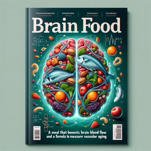DALL·E 2024 01 05 15.39.47 A magazine cover illustration for the title Brain Food A Meal That Boosts Brain Blood Flow and a Formula to Measure Vascular Aging. The cover featu