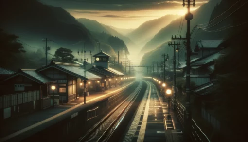 DALL·E 2024 02 07 14.16.42 A serene yet haunting landscape capturing the essence of a quiet train station in Otsu Shiga Prefecture during twilight. The scene is empty of peopl
