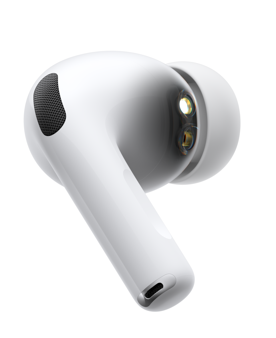 AirPods Pro 3の側面ビュー、ノイズキャンセリングマイクとシリコンチップ付き