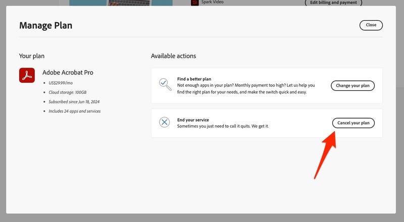 Adobe解約画面の例