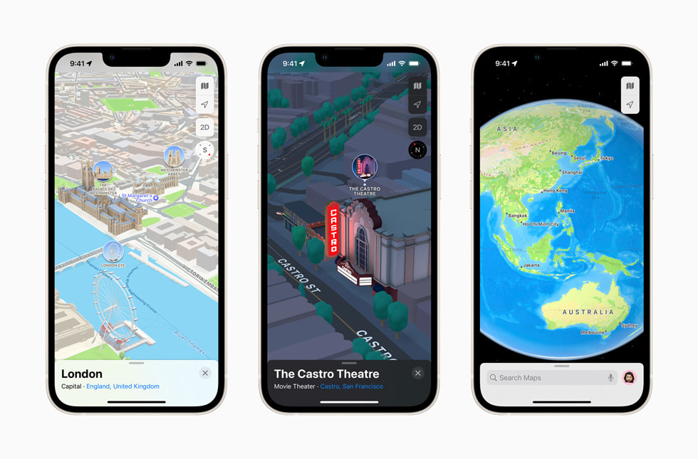 Apple Maps interface showing 3D city views and globe