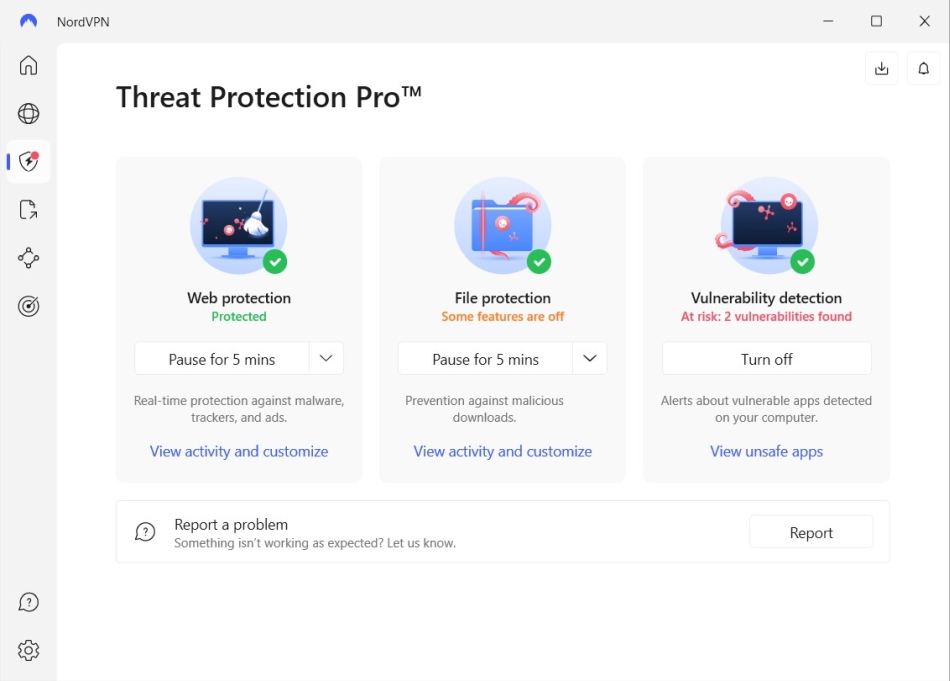 NordVPN Threat Protection Pro vulnerability detection interface