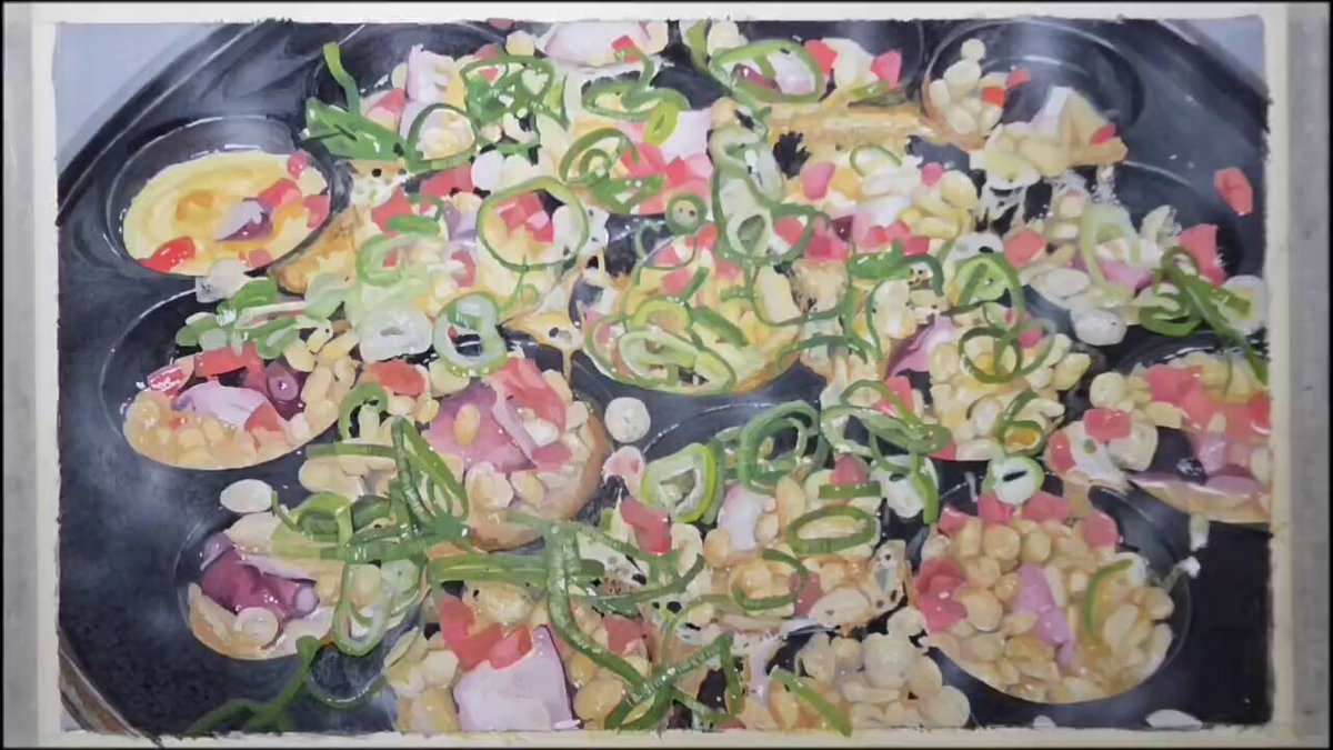 出典: X @meshieshi, 動画サムネイル 制作中のたこ焼き生地流し段階