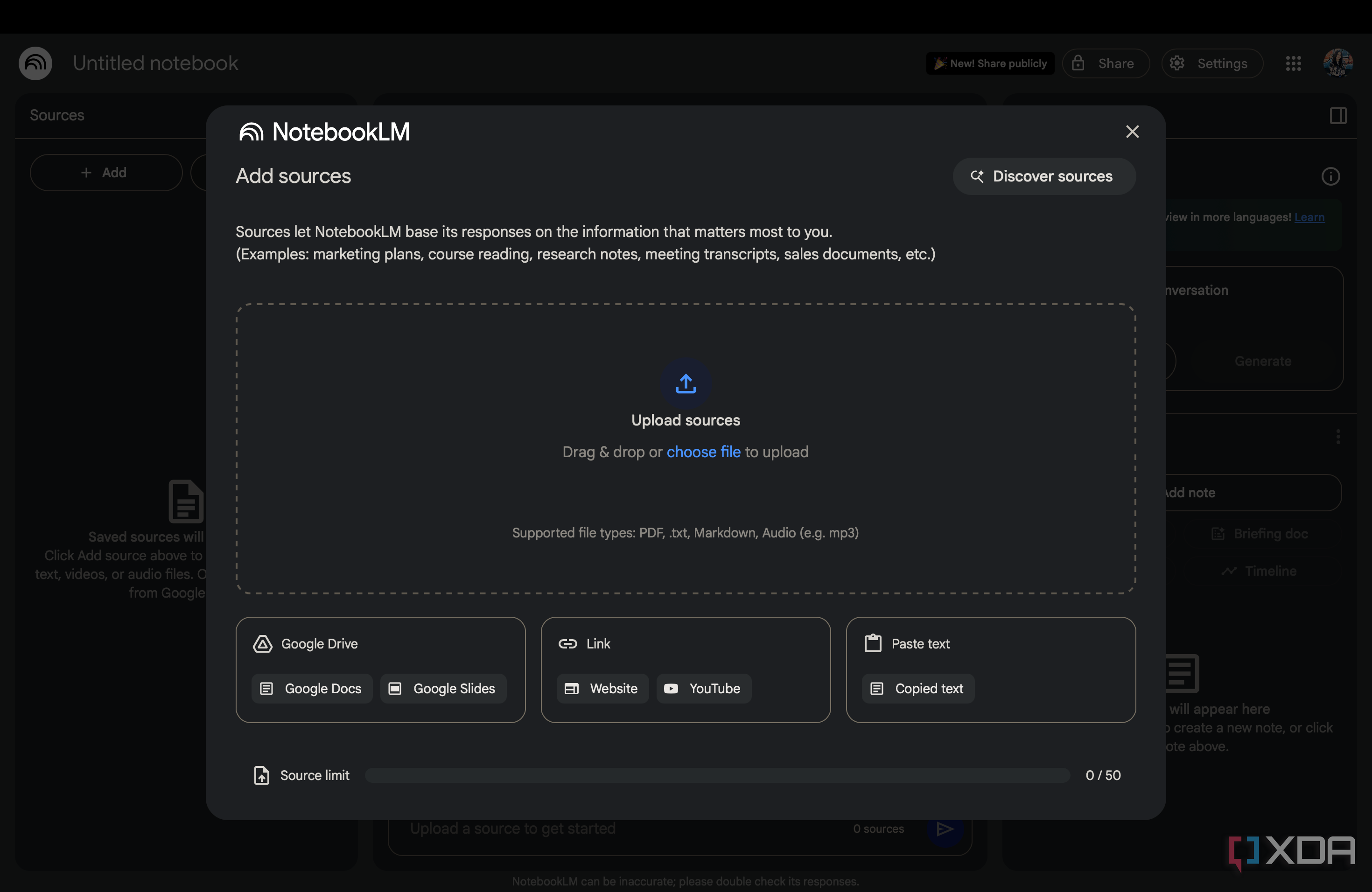 NotebookLMのソース追加画面