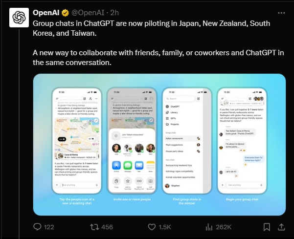 OpenAI launches group chats in ChatGPT, lets you team up with ...