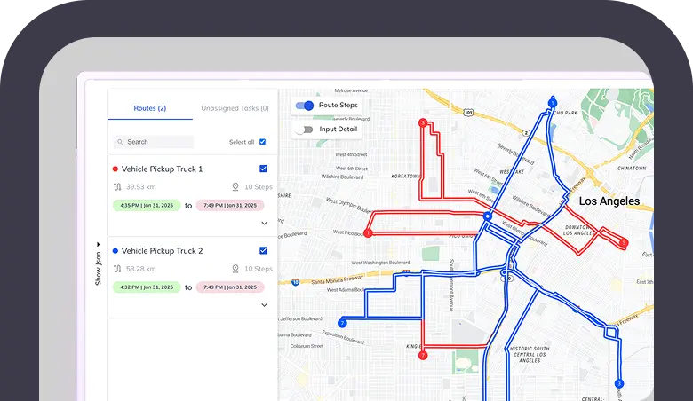 AI-powered route optimization map with multiple vehicle routes